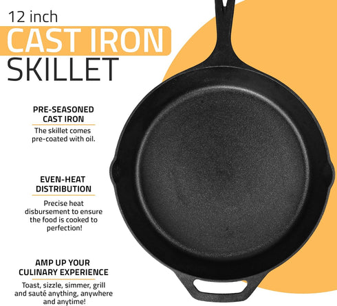 Utopia Kitchen 12 Inch Saute Fry Pan - Pre-Seasoned Cast Iron Skillet - Safe Grill Cookware for Indoor & Outdoor Use