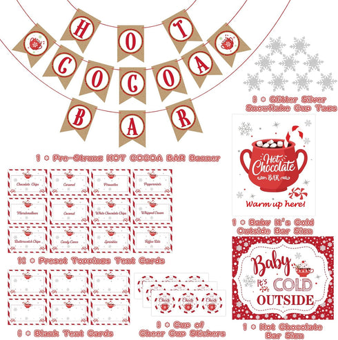 Hot Cocoa Bar Supplies Christmas Hot Cocoa Bar Banner Snowflake Red Hot Chocolate Bar Sign Toppings Labels Cup Tags