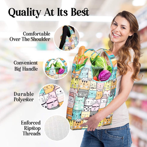 O-WITZ 5 Pack Reusable Grocery Bags | Vibrant Tote Bag for Groceries, Gym, Office, Beach | Washable Design with Large