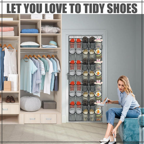 40 Large Over the Door Shoe Organizer | Gray Mesh Pockets Hanging Shoe Rack for Closet, Nonslip Holder for Shoes