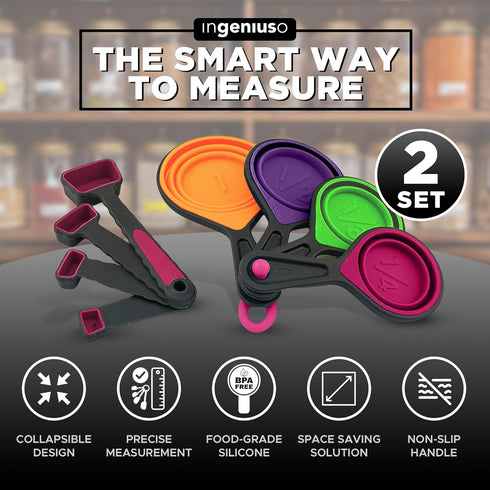 Collapsible Measuring Cups and Nesting Spoons, Adjustable Silicone for Cooking, Space-Saving - 2 Sets