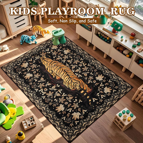 5x7Ft, Washable Tiger Area Rugs Boho Animal Living Room Bedroom Rugs, Soft Low Pile Jungle Kids Nursery Dining Room
