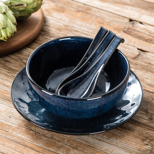 Vicrays Set of 6 Ceramic Soup Spoons, 6.4 Inch Asian Porcelain Ladle Utensils for Ramen, Dumplings, Pho, Miso (Blue)