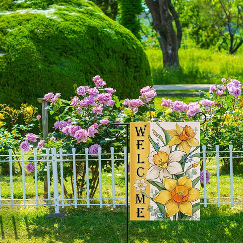 Welcome Spring Summer Floral Flower Garden Flag, Yellow Daffodil Eucalyptus Leaves Yard Decor 12 x 18