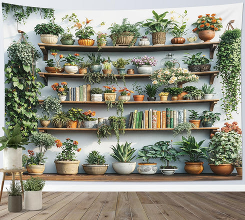 59x51 Inch EOBTAIN Green Plant Wall Tapestry Cactus and Floral Potting on Bookshelf Tapestries Wall Hanging Botanical