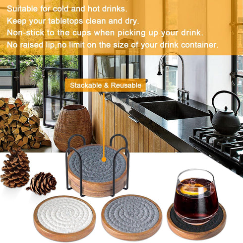Coasters for Drinks Absorbent Sets of 5, Woven Coasters with Holder for Coffee Table, Gray Series
