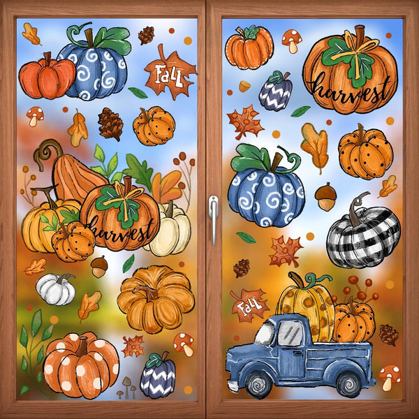 6 Sheets Fall Window Clings, Double-Sided Window Stickers with Orange Maple Leaves Pumpkins for Thanksgiving Home