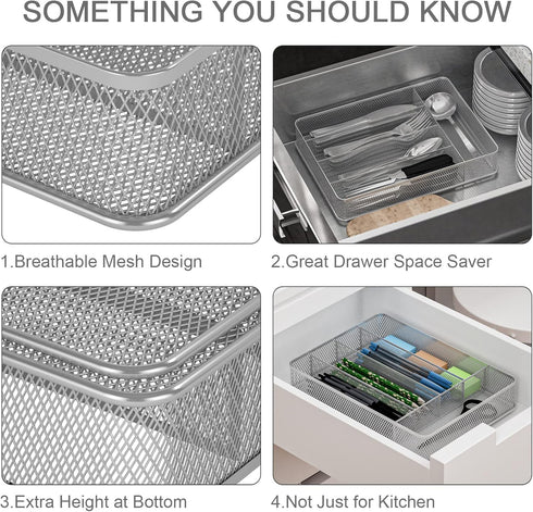 TQVAI Silverware Organizer, 5 Slots Non-Slip Mesh Kitchen Drawer Organizer, Metal Cutlery Holder