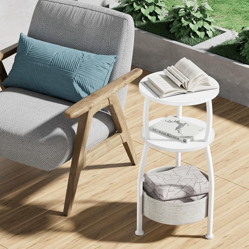 3-Tier 24in Small Round Side Table for Living Room with Storage Basket Small Space Saving End Table Nightstand Couch