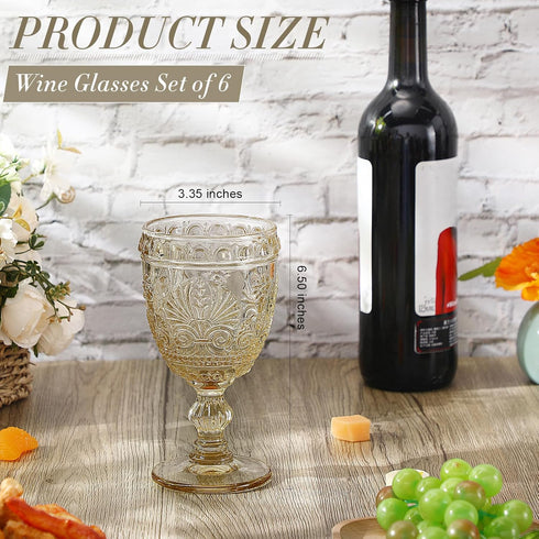 Singhoow 6 10 oz Pcs Goblet Glasses Wine Glasses, Drinking Glasses Colored Retro Embossed Water Goblets For Wine Juice