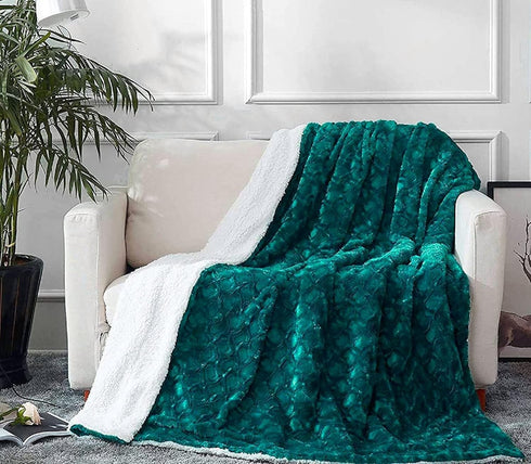 50" 60" DaDa Bedding Lavish Emerald Teal Green Faux Fur Fuzzy Throw Blanket - Mermaid Scales Design White Sherpa
