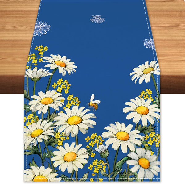 Spring Summer Daisy Floral Table Runner Bees Burlap Table Runners, Charming Blue