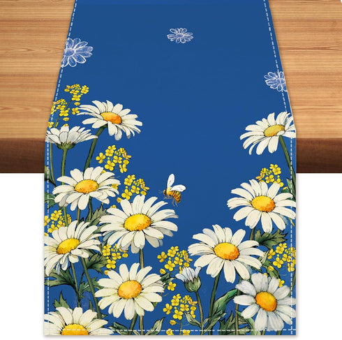 Spring Summer Daisy Floral Table Runner Bees Burlap Table Runners, Charming Blue