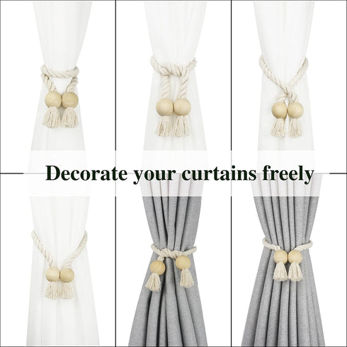 2 Pack Cotton Hand Woven Magnetic Curtain Tiebacks, Decorative Rope Holdbacks for Curtains Draperies, No Tools
