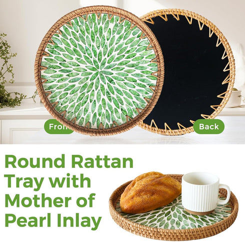 Round Rattan Tray with Mother of Pearl Inlay, Wicker Serving Tray Mother for Decor, Rattan Round Wicker Coffee Table