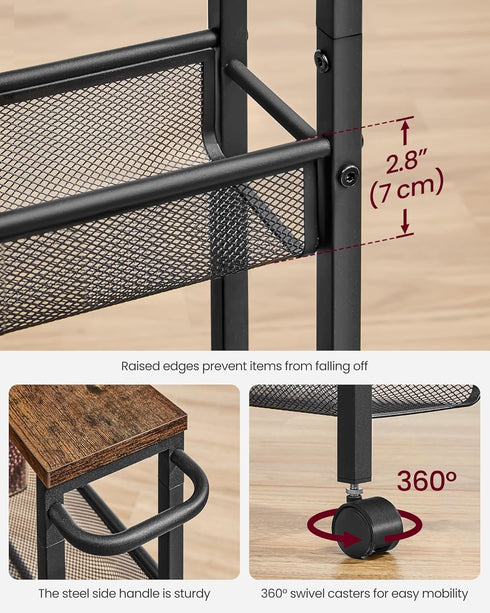 VASAGLE Slim Rolling Cart, 5-Tier Storage Cart with Handle, 5.1 Inches Deep Metal Frame for Kitchen, Dining Room, Home