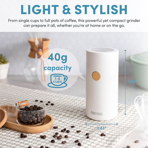 Aroma Housewares Mini Coffee Grinder and Electric Herb Grinder with Stainless Steel Grinding Blades, 40g, White
