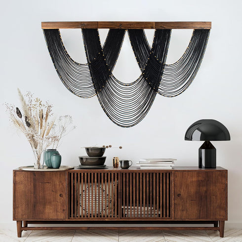 LB Large Macrame Wall Hanging Black, Boho Tapestry Wall Hanging Macrame Wall