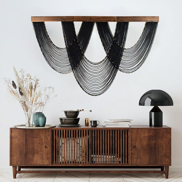 LB Large Macrame Wall Hanging Black, Boho Tapestry Wall Hanging Macrame Wall