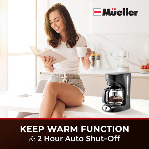 Mueller 12-Cup Drip Coffee Maker with Borosilicate Carafe, Auto-Off, Reusable Filter, and Keep-Warm Function