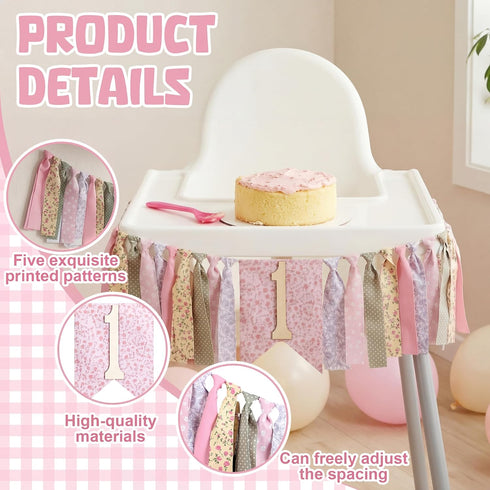VitalCozy 1st Pastel One High Chair Banner for Girls boys First Birthday High Chair Banner Sweet One Bow Floral Garland