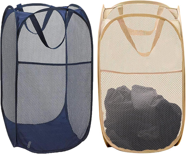 2 Pack Collapsible Pop Up Laundry Hamper, Large Capacity Mesh Laundry Basket for Apartments & Student Dorms (Beige+Blue)