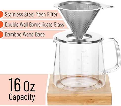 Brew To A Tea BTaT Pour Over Coffee Maker Set, Double Wall Glass, 16 oz, Drip Coffee Maker with Permanent Filter
