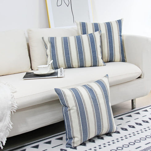 JOJUSIS Stripe Throw Pillow Covers Pack of 2, 18 x 18 Inch Blue Farmhouse Pillowcases