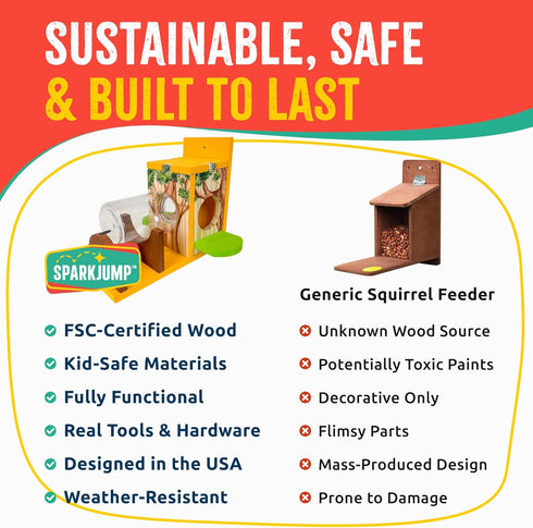 SparkJump Squirrel Feeder Kit - Sustainable FSC Wood, Easy Mounting and Assembly, Kid-Safe Mason Jar, Perfect