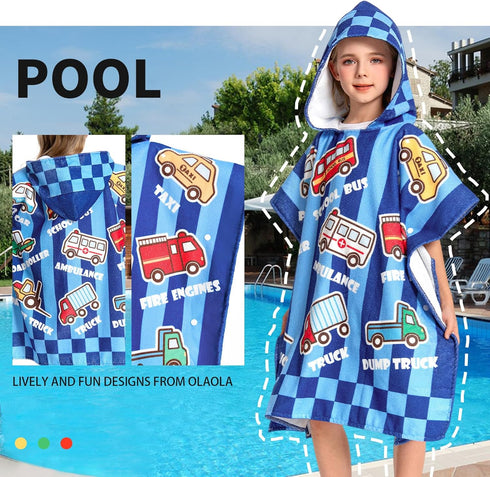 3-12 OLAOLA Printed Car Hooded Kids Beach Towels for Years Boys Girls, Soft Absorbent Kids Hooded Bath Towel Wrap