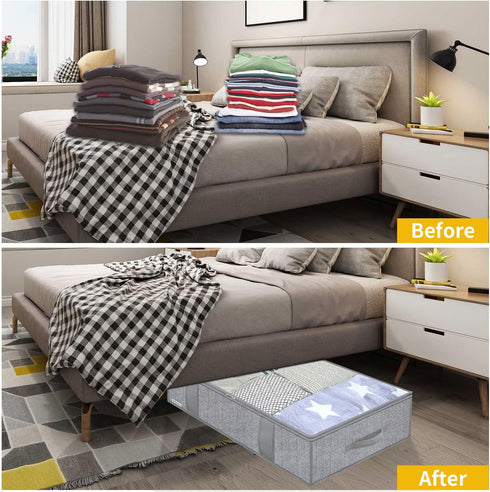 Onlyeasy Large Underbed Storage Bags Organizer Container (2 Pack) with 4 Handles and Clear Window, Herringbone Grey
