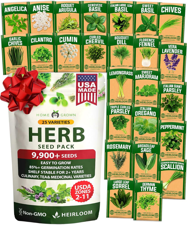 HOME GROWN 25 Herb Seeds for Planting 8,700+ Non-GMO Heirloom Seeds |