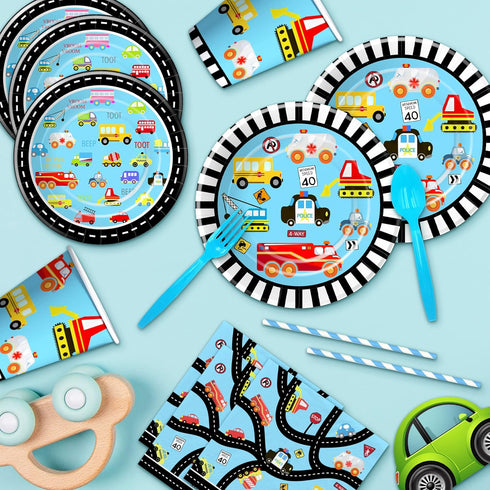 Xigejob 24 Traffic Jam Cars Trucks Transportation Birthday Party Supplies Dinnerware, Plate, Cup, Napkin, Tablecloth