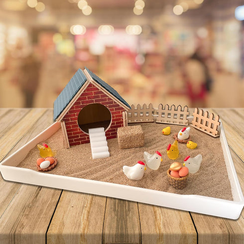 Threeheng Chicken Zen Garden Kit - Sand Tray Therapy Kit with Miniature Chicken Coop, Hen Figurines, and Accessories