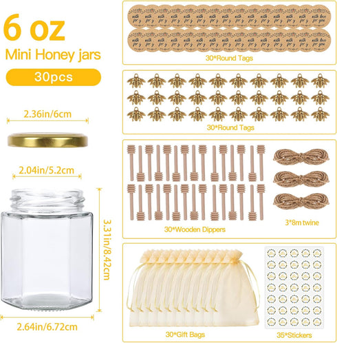6 oz 30-Pack SZUAH Mini Glass Honey Jars | Honey Jars with Wood Dippers, Gold Lids, Gift Bags, Bee Charms, Labels