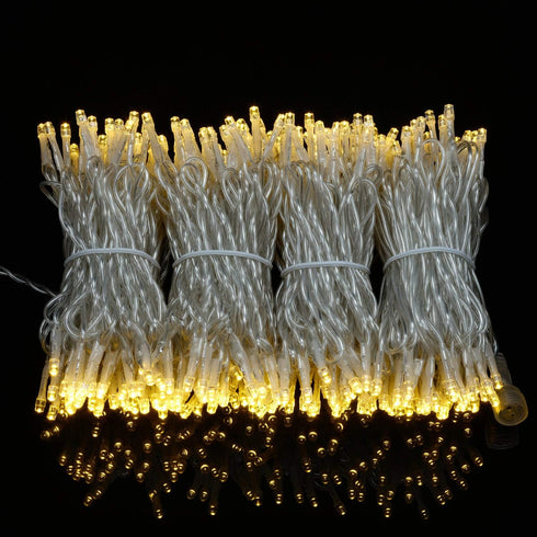 YULETIME 100 ft 300 Count Warm White LED String Lights, 8 Models Adapter, Clear Wire Wide Angle 5mm Christmas Lights
