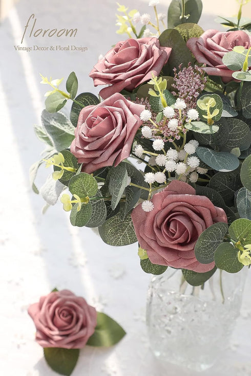 Floroom Artificial Flowers 25pcs Real Looking Dusty Rose Foam Fake Roses for DIY Wedding Bouquets and Home Decorations