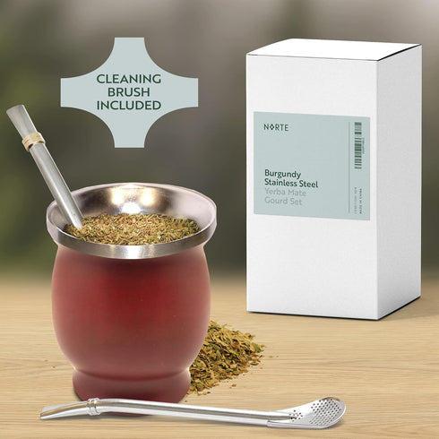 Norte Yerba Mate Cup Kit, 8-Ounces Traditional Gourd Set with 2 Bombillas & Cleaning Brush, Burgundy