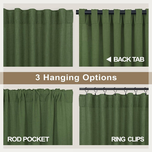 90 Inch 2 Set 7.5 Pitalk Olive Green Curtains Length for Dining Room Panel Back Tab Pocket Linen Sheer Boho Farmhouse