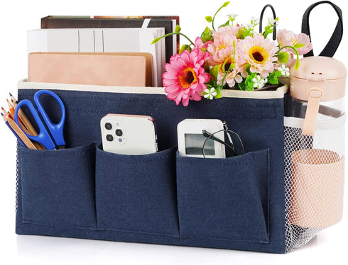Bedside Caddy Organizer with Fixed Straps and Water Bottle Holder for Home, College Dorm, Hospital Bed, Navy Blue