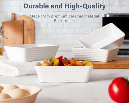 ONEMORE Set of 4 Ceramic Baking Dishes, 5x7-inch White Individual Casserole Dishes for Toaster Oven, Stylish and