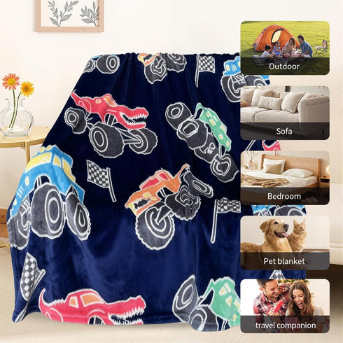 TEHALK 3-12, 50"x 60" Monster Truck Blanket for Boys/Girls/Kids/Toddler/Baby, Monster Truck Toys for Boys Age Car