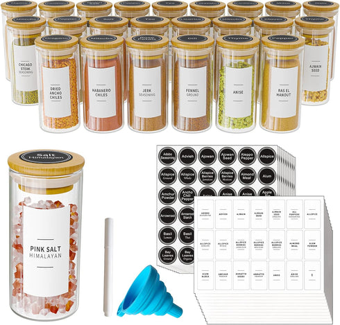 SpaceAid Spice Jars - 24 Pcs with Bamboo Lids and Labels, 4oz Glass Bottles for Spice Rack, Cabinet, and Drawer