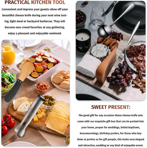 Cheese Butter Spreader Knives Set - Stainless Steel Spreader Knives with Wooden Handles, Charcuterie Accessories
