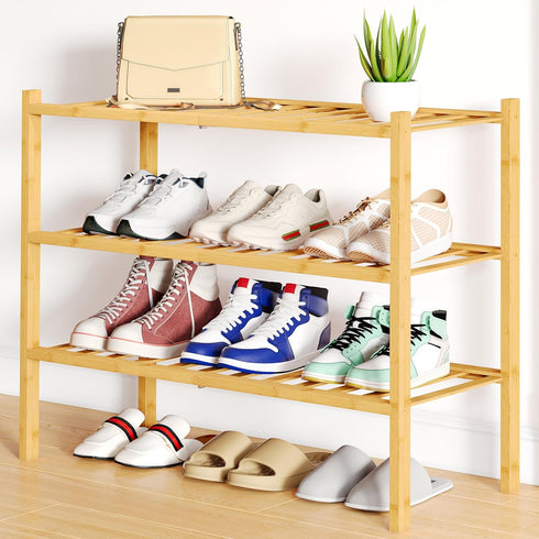Smiry Shoe Rack, 3 Tier Bamboo Shoe Organizer, Stackable Free Standing Wooden