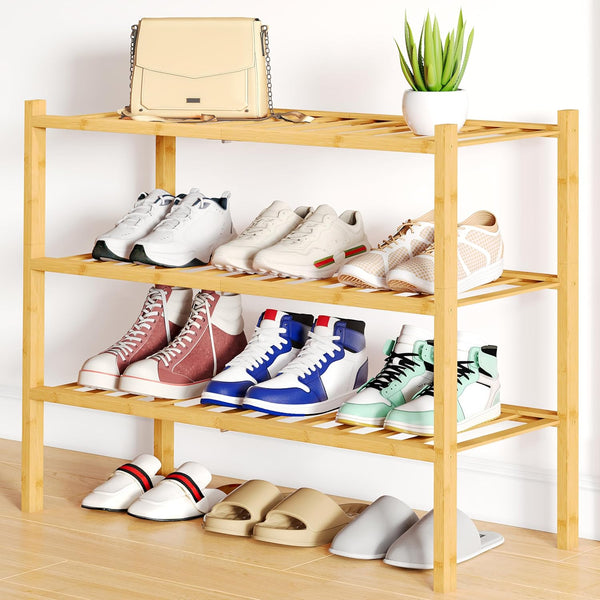 Smiry Shoe Rack, 3 Tier Bamboo Shoe Organizer, Stackable Free Standing Wooden