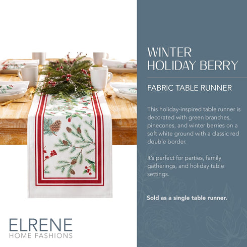 13" 70" Elrene Home Fashions Winter Holiday Berry Fabric Bordered Table or Console Runner, Christmas Table Decor, x