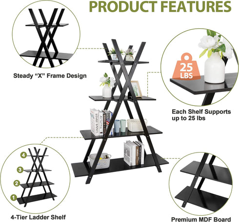 Nouva 4 Tier Ladder Bookshelf Storage Shelves, A Frame Wooden Ladder Open Display Shelves Floor Shlef Storage Furniture