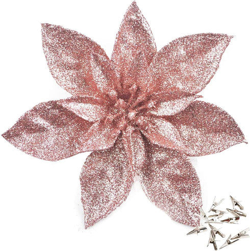 GL-Turelfies 12 Pcs Rose Gold Glitter Christmas Flowers (16cm/6.3’’) with 12 Pcs Clips for Xmas Tree Ornaments