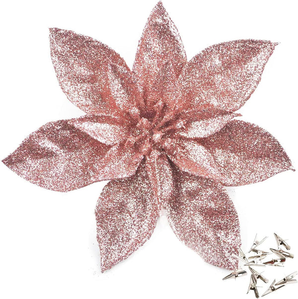 GL-Turelfies 12 Pcs Rose Gold Glitter Christmas Flowers (16cm/6.3’’) with 12 Pcs Clips for Xmas Tree Ornaments